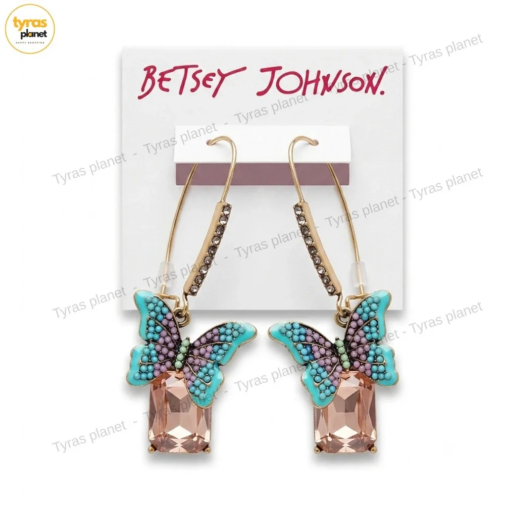 Betsey Johnson Boho Butterfly Pink & Blue Drop Earrings Crystal Accents NWT